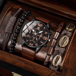 Men Quartz Watch Round Dial Leather Strap Bracelet Set