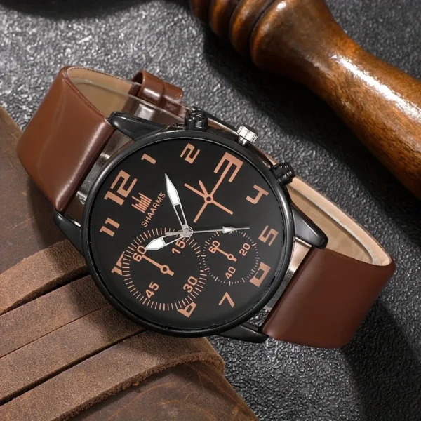 Men Quartz Watch Round Dial Leather Strap Bracelet Set - Image 3