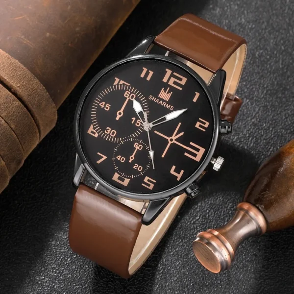 Men Quartz Watch Round Dial Leather Strap Bracelet Set - Image 4