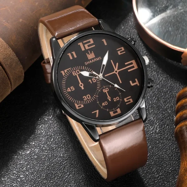 Men Quartz Watch Round Dial Leather Strap Bracelet Set - Image 2