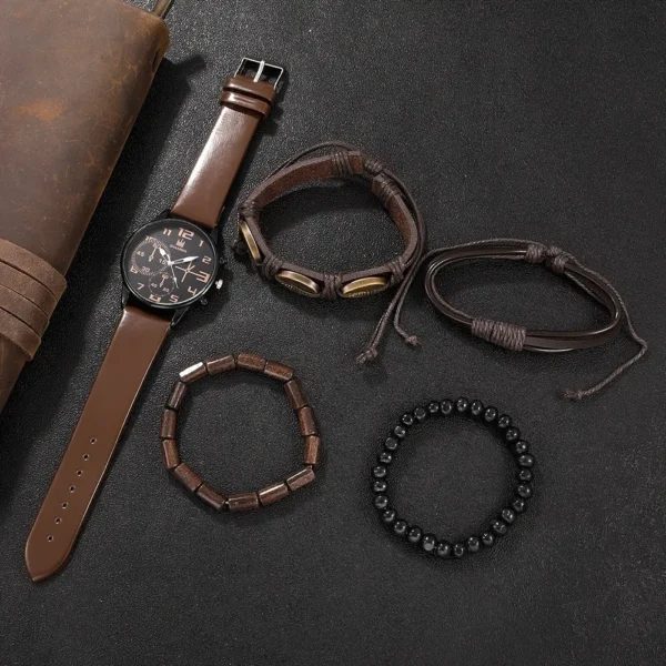 Men Quartz Watch Round Dial Leather Strap Bracelet Set - Image 5