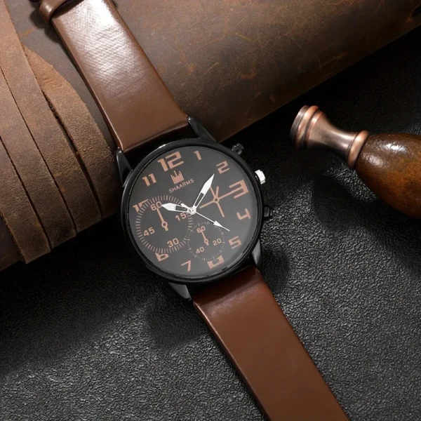 Men Quartz Watch Round Dial Leather Strap Bracelet Set - Image 6